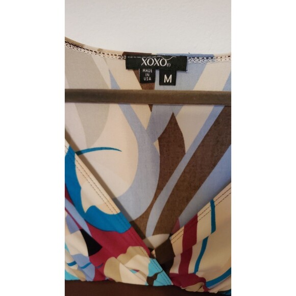 VINTAGE Y2K XOXO Collection Brown Teal 70s Pattern Baby Doll Tie Back Midi Dress - Picture 2 of 6